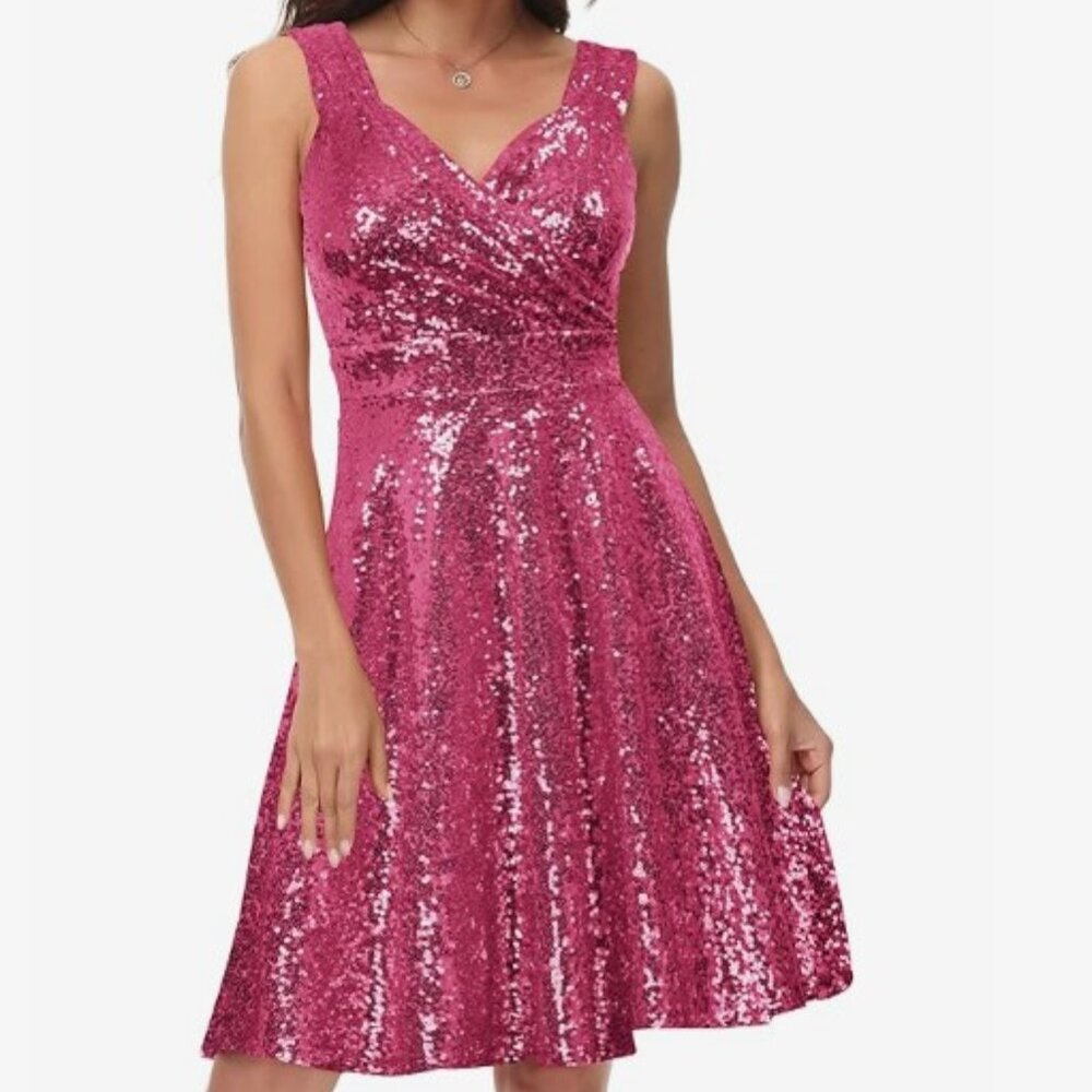 Pink Sparkly Grace Karin Women Sleeveless V-Neck A-line Party Dress in Rose Red